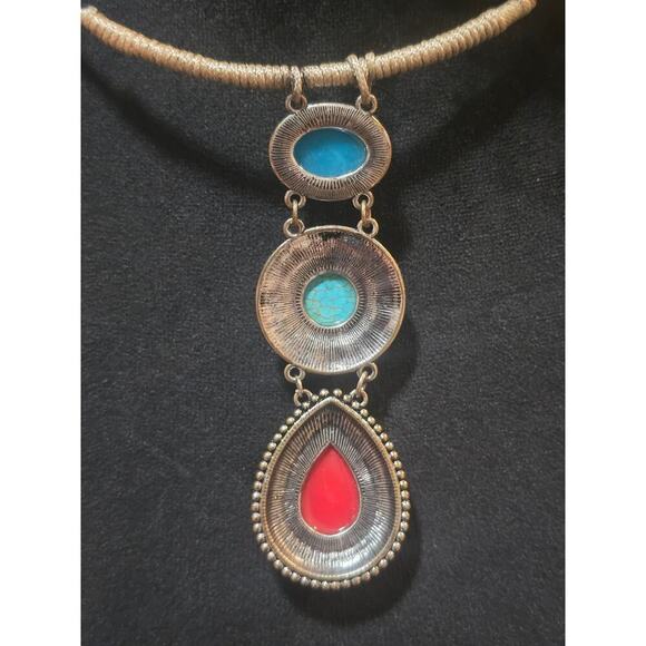 Women's Statement Necklace With Turquoise And Red Gemstones Lobster Claw Clasp - Picture 7 of 7